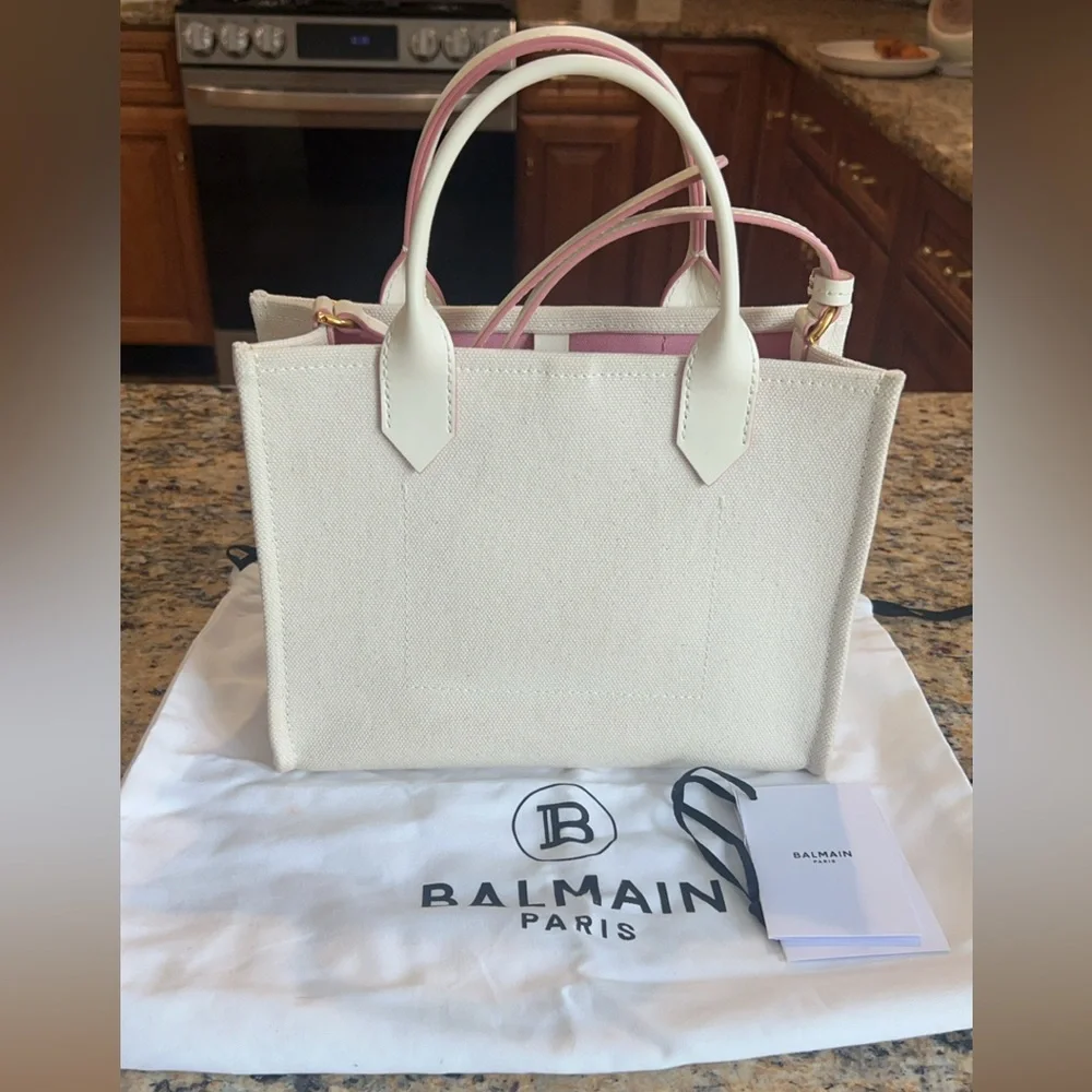 Authentic Balmain Paris Small B-Army Tote White Canvas Pink leather trim logo.